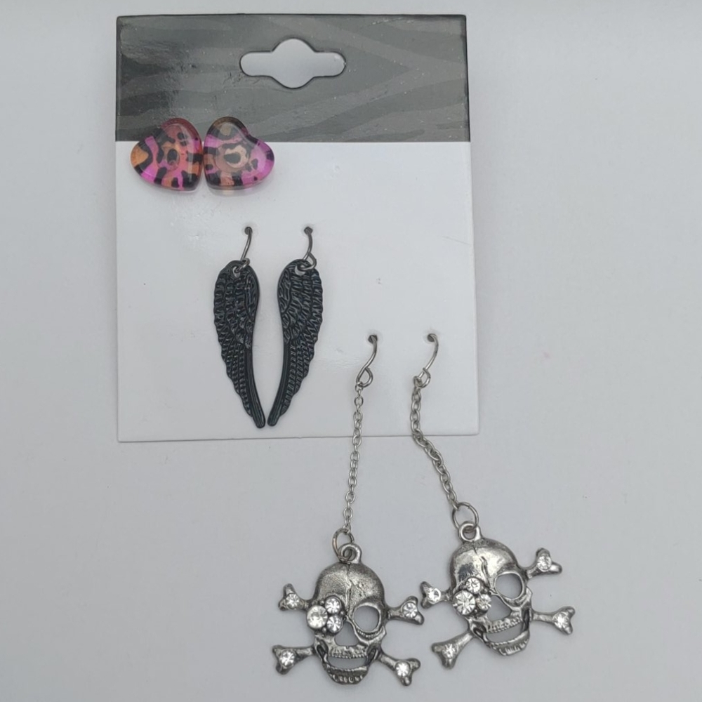2/$10 or 4/$15 Lot of 3 Goth Earrings Heart Wings Skull